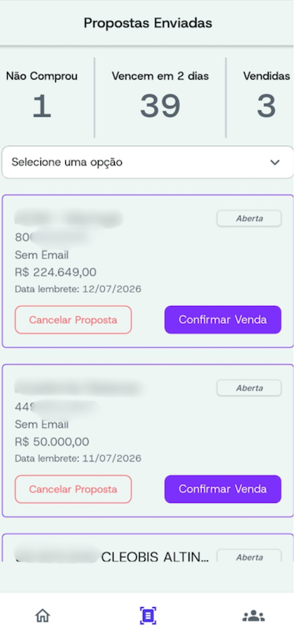 Tela de propostas enviadas no app Propostas Consórcio