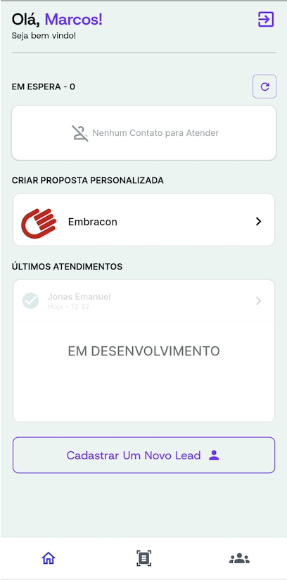 Tela inicial do app Propostas Consórcio com atendimentos e proposta personalizada