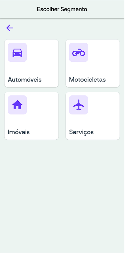 Tela de escolha de segmento (Automóveis, Motocicletas, Imóveis, Serviços) no app Propostas Consórcio